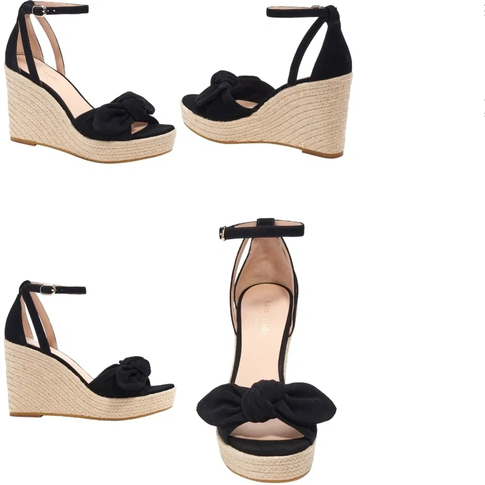 Kate Spade Tianna Black Suede Espadrille High Wedge Platform Sandals Pumps 9.5